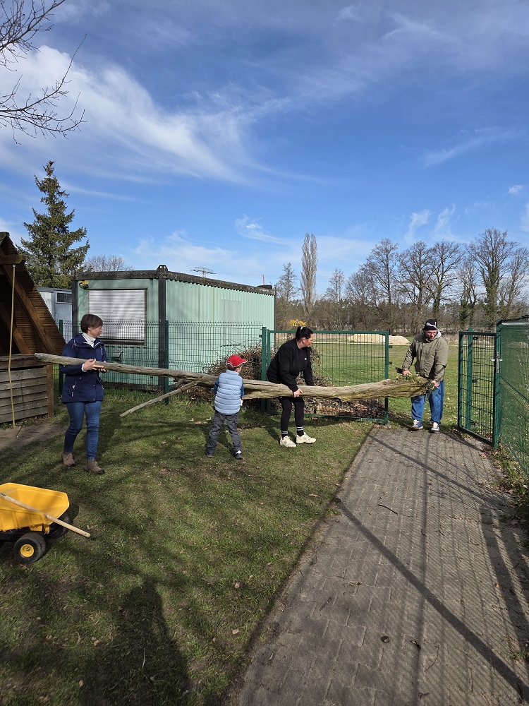Eltern und Kinder tragen einen großen Baumstamm durch den Garten